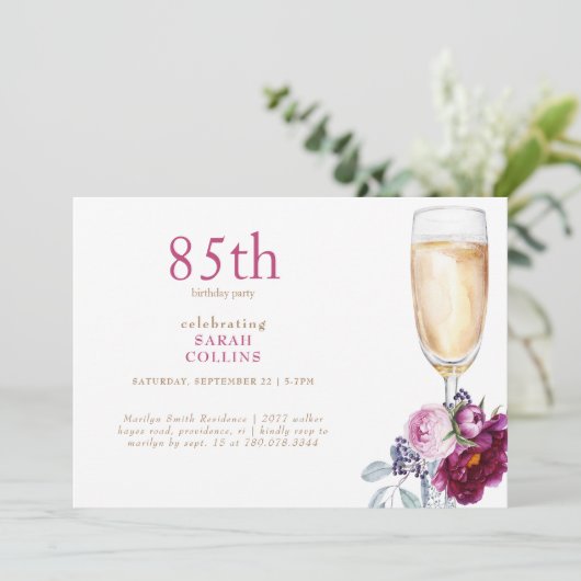 Eenvoudig roze pioenen champagne 85ste verjaardags kaart (Staand voorkant)