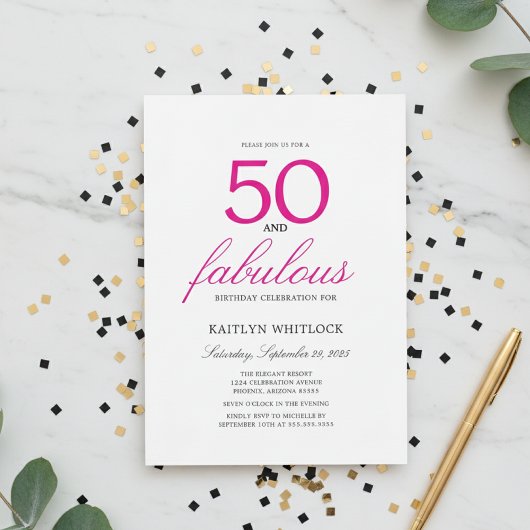 Eenvoudig Roze Schrift 50 en Fabulous 50e Verjaard Kaart