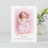 Eenvoudig roze script Newborn Baby Foto Birth Aankondiging (Staand voorkant)