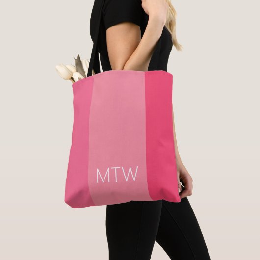 Eenvoudig Roze Strepen Wit Monogram Tote Bag (Dichtbij)