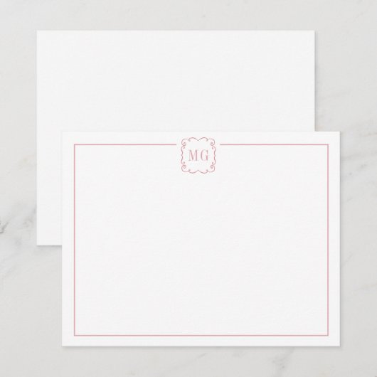 Eenvoudig Roze & Wit Monogrammed vlak Bedankkaart (Voorkant / Achterkant)