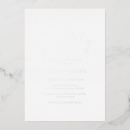 Eenvoudig Rustaag Schrift Elegante Babyborrel Zilv Folie Uitnodiging (Voorkant)