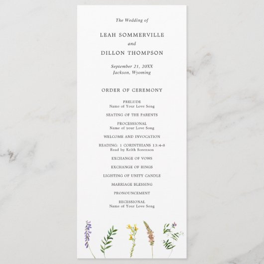 Eenvoudig Rustic Boho Floral Wildflower Wedding Programmakaart (Voorkant)