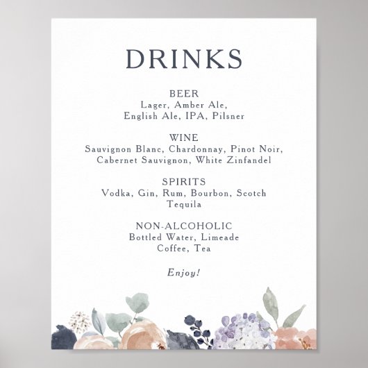 Eenvoudig Rustic Floral Wedding Drink Menu Sign Poster (Voorkant)