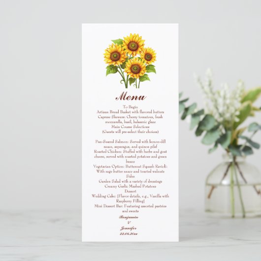 Eenvoudig Rustic Sunflower Wedding Menu (Staand voorkant)