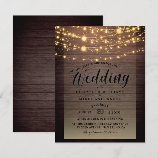 Eenvoudig Rustic Wood Dark Lights String bruiloft Kaart (Voorkant / Achterkant)