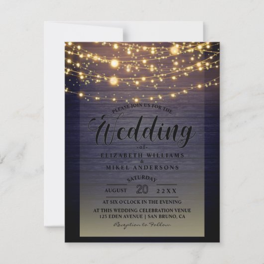 Eenvoudig Rustic Wood Dark Lights String bruiloft Kaart (Voorkant)