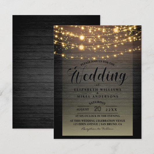 Eenvoudig Rustic Wood Dark Lights String bruiloft Kaart (Voorkant / Achterkant)