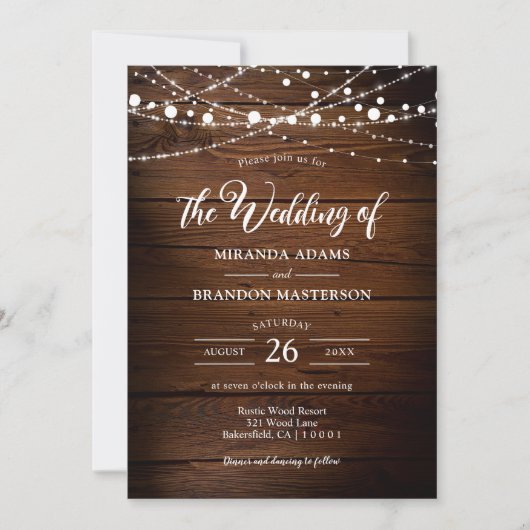 Eenvoudig Rustic Wood en String Lights Wedding Kaart (Voorkant)