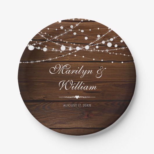 Eenvoudig Rustic Wood en String Lights Wedding Papieren Bordje (Voorkant)