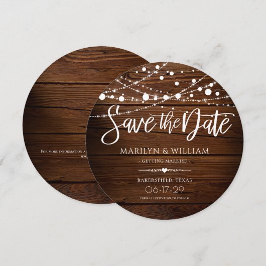 Eenvoudig Rustic Wood en String Lights Wedding Save The Date (Voorkant / Achterkant)