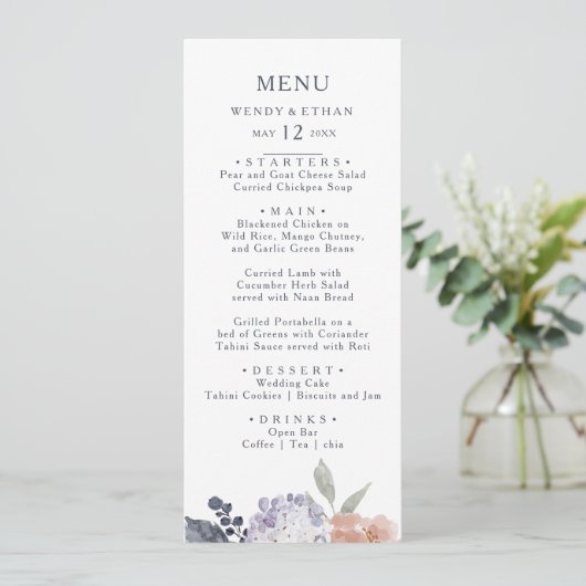 Eenvoudig rustiek bloemenbruiloft diner menu (Staand voorkant)
