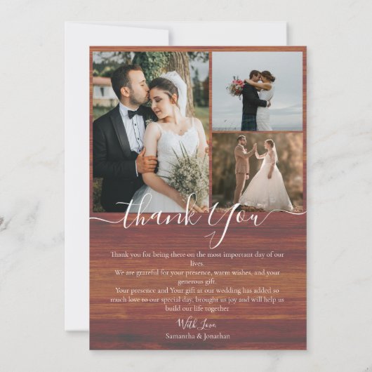 Eenvoudig rustiek hout Elegant Script 5 foto's bru Bedankkaart (Achterkant)