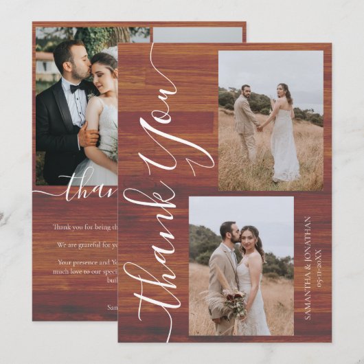 Eenvoudig rustiek hout Elegant Script 5 foto's bru Bedankkaart (Voorkant / Achterkant)