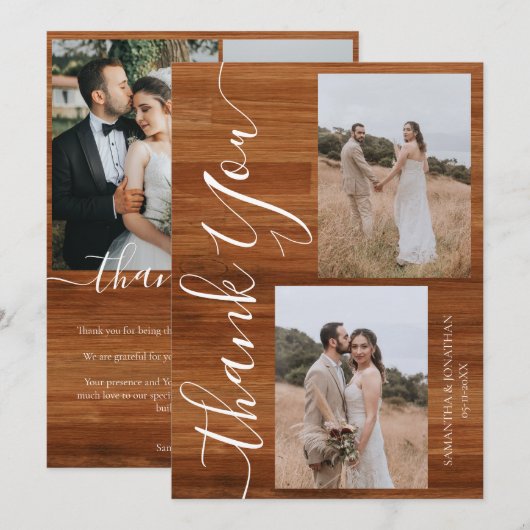 Eenvoudig rustiek hout Elegant Script 5 foto's bru Bedankkaart (Voorkant / Achterkant)