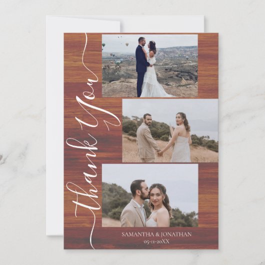 Eenvoudig rustiek hout Elegant Script 6 foto's bru Bedankkaart (Voorkant)
