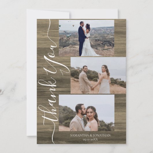 Eenvoudig rustiek hout Elegant Script 6 foto's bru Bedankkaart (Voorkant)