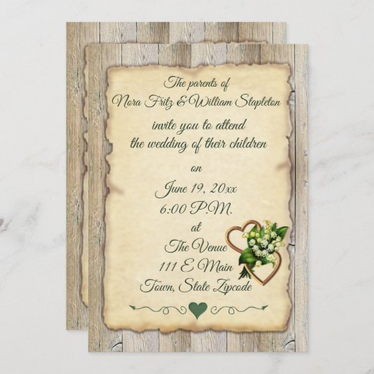 Eenvoudig Rustisch hout en oud papier, Lily & Hear Aankondiging (Voorkant / Achterkant)