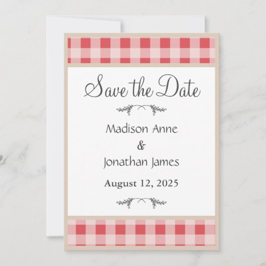 Eenvoudig Rustisch Rustisch Land Red Play Gingham Save The Date (Voorkant)