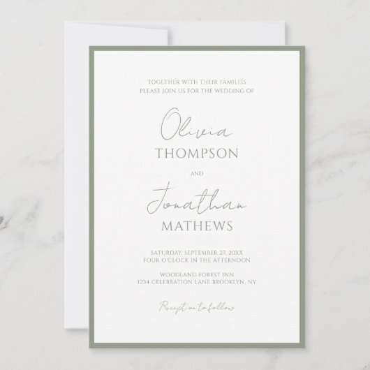 Eenvoudig Sage Green Border Script QR Code Wedding Kaart (Voorkant)