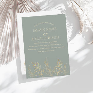 Eenvoudig Sage Green en Gold Leaves Wedding Kaart