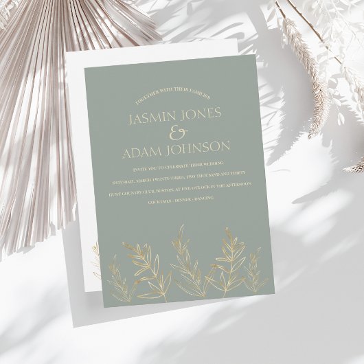 Eenvoudig Sage Green en Gold Leaves Wedding Kaart