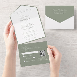 Eenvoudig Sage Green Script QR Code Wedding All In One Uitnodiging