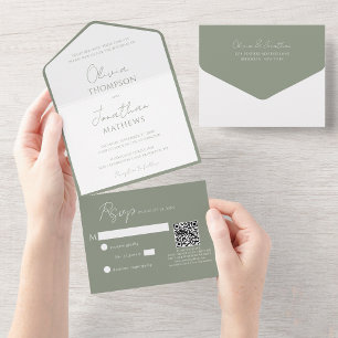 Eenvoudig Sage Green Script QR Code Wedding All In One Uitnodiging