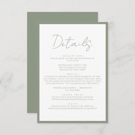 Eenvoudig Sage Green Script Wedding Details Informatiekaartje (Voorkant / Achterkant)