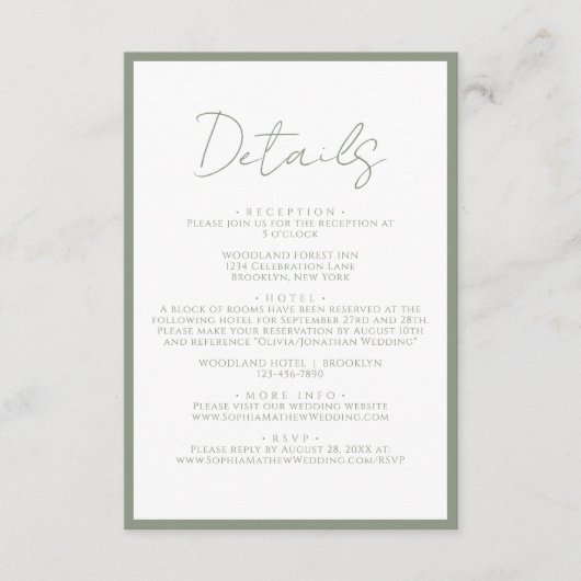 Eenvoudig Sage Green Script Wedding Details Informatiekaartje (Voorkant)
