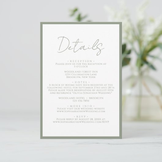 Eenvoudig Sage Green Script Wedding Details Informatiekaartje (Staand voorkant)