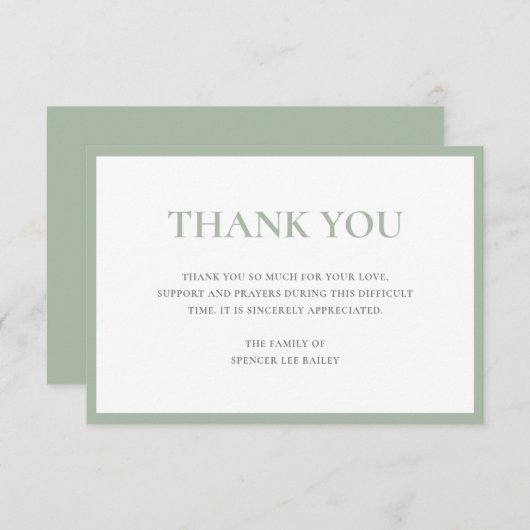Eenvoudig Sage Green Traditional Sympathy Funeral Bedankkaart (Voorkant / Achterkant)