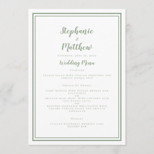 Eenvoudig Sage Green White Wedding Elegant Dinner Menu (Voorkant)