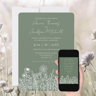 Eenvoudig Sage Green Wildflower Minimalist Weddens Kaart