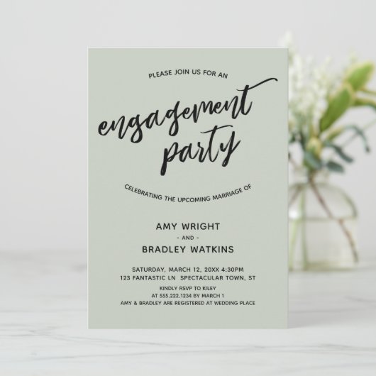 Eenvoudig Sage Modern Handschrift Engagement Party Kaart (Staand voorkant)
