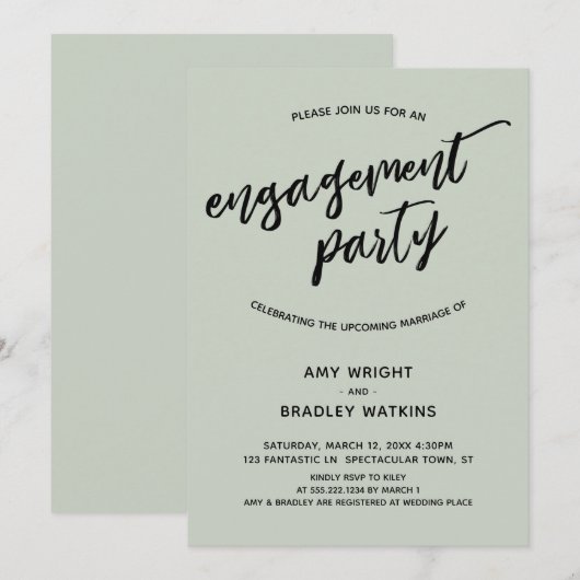 Eenvoudig Sage Modern Handschrift Engagement Party Kaart (Voorkant / Achterkant)