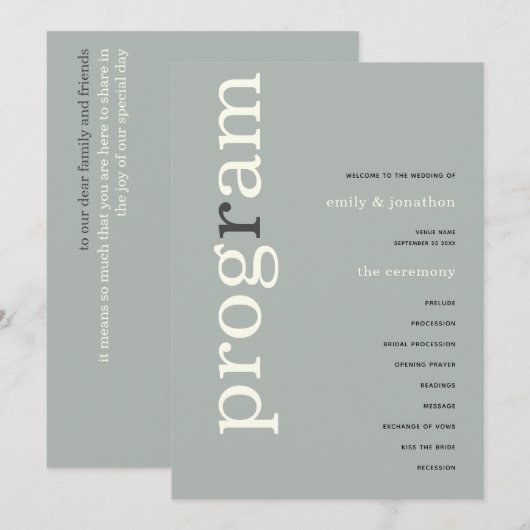 Eenvoudig salie ivoor tekst trouwprogramma kaart (Voorkant / Achterkant)