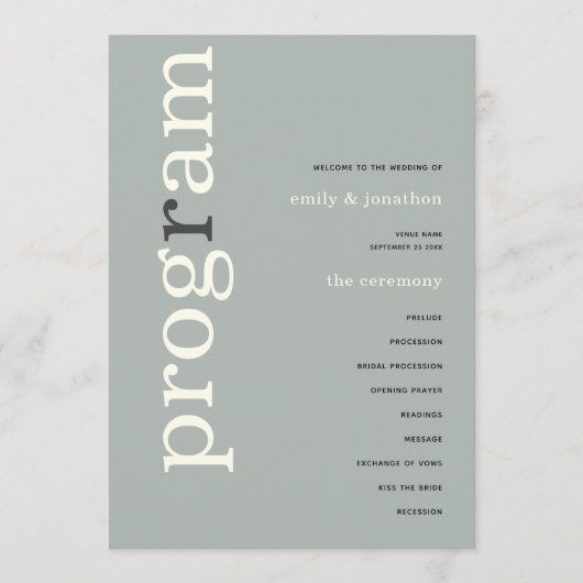 Eenvoudig salie ivoor tekst trouwprogramma kaart (Voorkant)