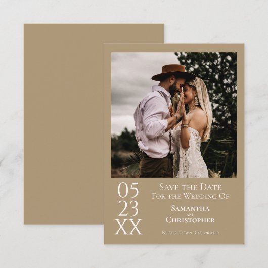 Eenvoudig Sandy Tan Modern Minimalist Photo Weddin Save The Date (Voorkant / Achterkant)
