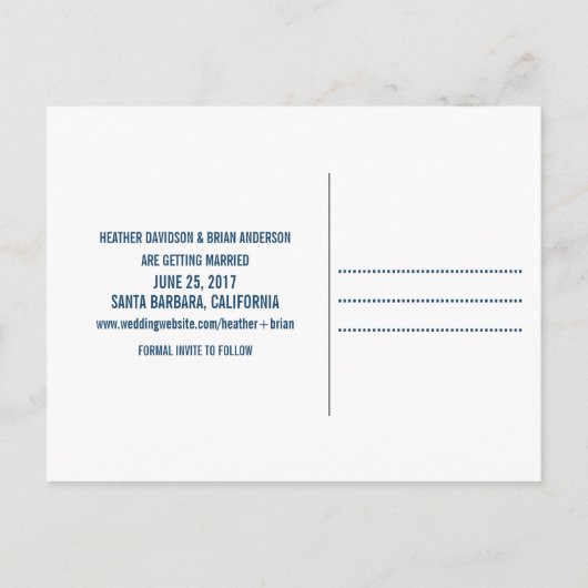 Eenvoudig Save the Date Briefkaart, Blauw Aankondigingskaart (Achterkant)