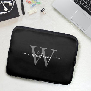 Eenvoudig Schattig Zwart & Wit Monogram Naam & Ini Laptop Sleeve