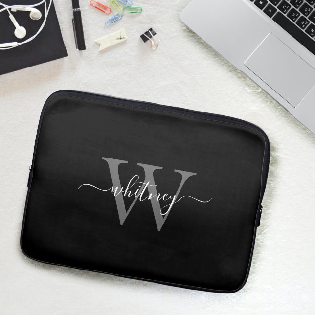 Eenvoudig Schattig Zwart & Wit Monogram Naam & Ini Laptop Sleeve (Creator heeft geüpload)