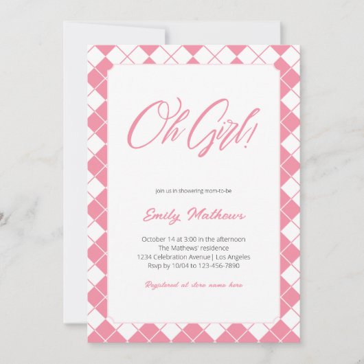 Eenvoudig Schattige Gingham Roze Plaid Meisje Baby Kaart (Voorkant)