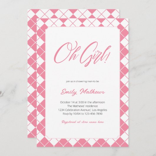 Eenvoudig Schattige Gingham Roze Plaid Meisje Baby Kaart (Voorkant / Achterkant)