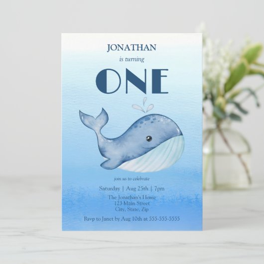 Eenvoudig Schattige Walvisblauw Zee 1e Verjaardag Kaart (Staand voorkant)