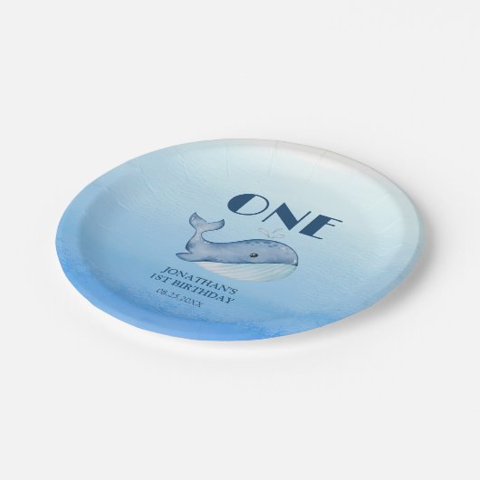 Eenvoudig Schattige Walvisblauw Zee 1e Verjaardag Papieren Bordje (Gekanteld)