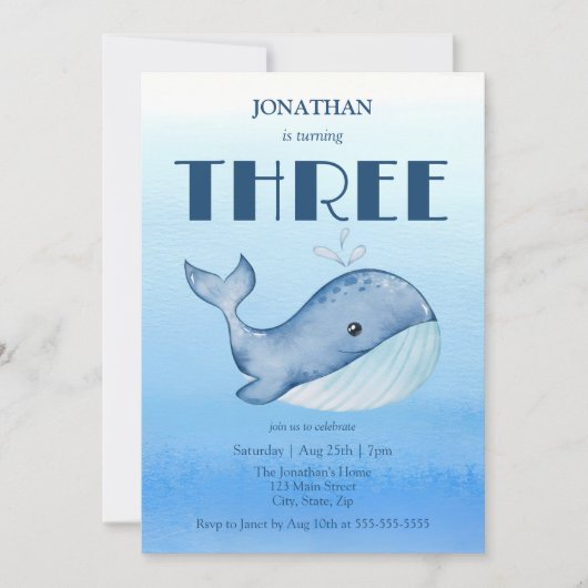 Eenvoudig Schattige Walvisblauw Zee 3e Verjaardag Kaart (Voorkant)