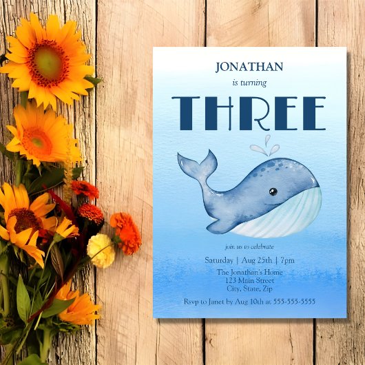 Eenvoudig Schattige Walvisblauw Zee 3e Verjaardag Kaart