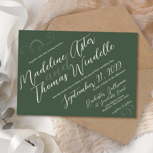 Eenvoudig schuin script donkergroen elegante bruil kaart