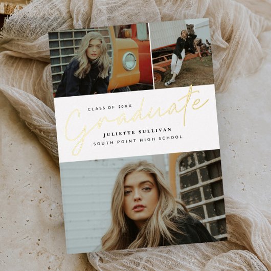 Eenvoudig script 3 foto afstudeerfeestje  folie uitnodiging